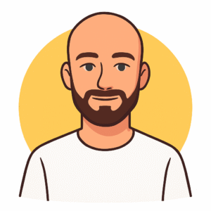 Illustration vectorielle d’un homme aux cheveux rasés courts et barbe légère, portant un t-shirt blanc sur fond jaune circulaire