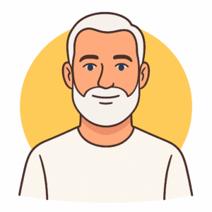 Illustration vectorielle d’un homme aux cheveux blancs courts et barbe légère, portant un t-shirt blanc sur fond jaune circulaire