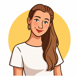Illustration vectorielle d'une jeune femme souriante aux cheveux bruns, portant un t-shirt blanc, sur fond jaune circulaire