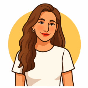 Portrait vectoriel d’une femme aux cheveux bruns ondulés, souriante, portant un t-shirt blanc sur fond jaune circulaire